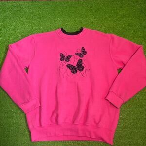 Vintage 90s Top Stitch Black/Pink Butterfly‎ Swearshirt Retro Cottage Grunge Y2K